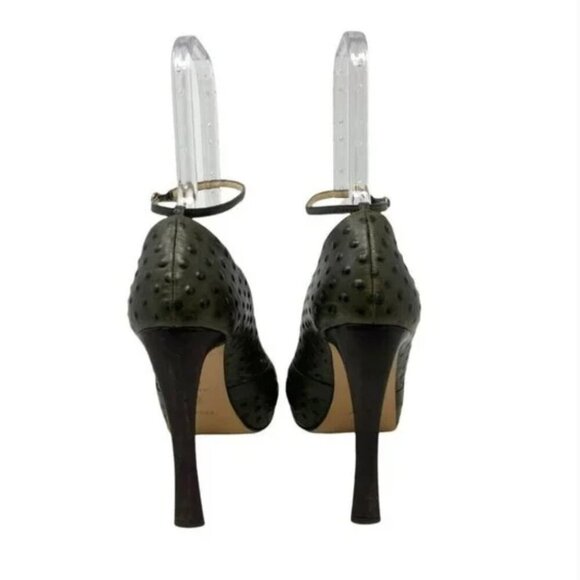 Escada Ostrich Embossed Sage Leather Peep Toe Pumps Size 11 - Picture 7 of 11